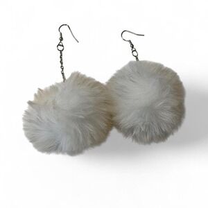 White Faux Fur Pom Pom Dangle Earrings